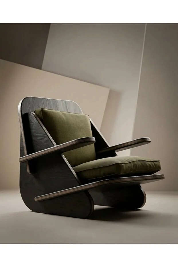 Berjer Tekli Ahşap Siyah Berjer Yeşil Keten Kumaş